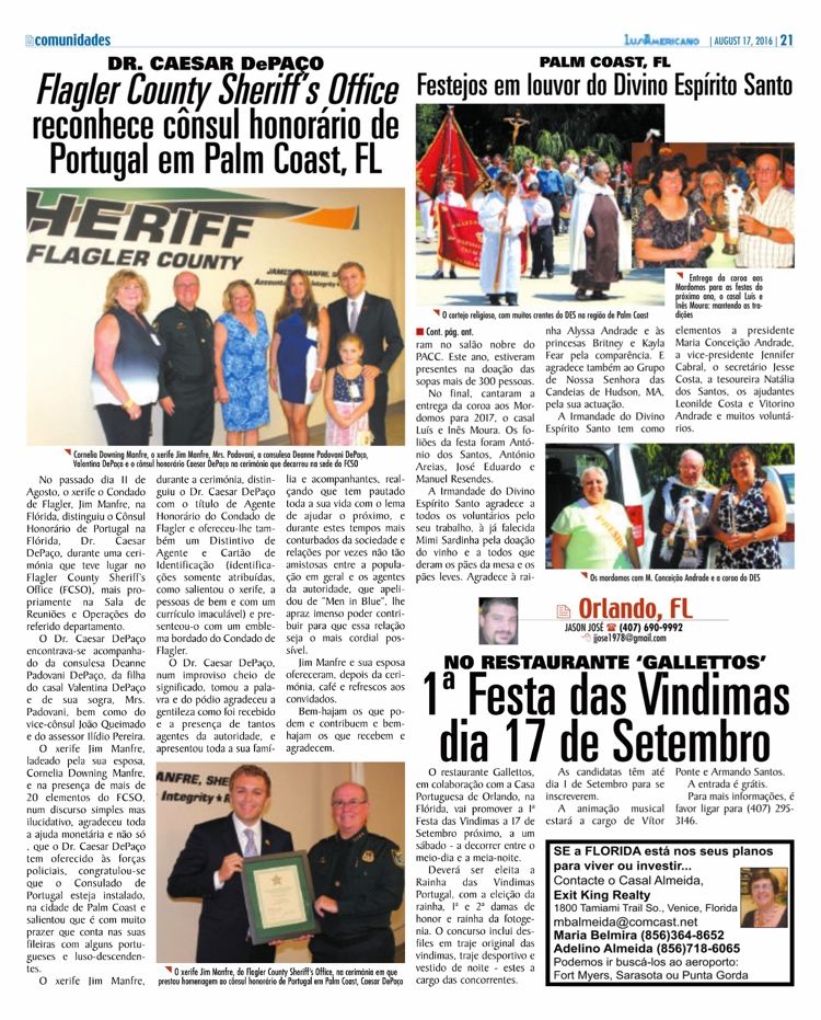 Flagler County Sheriff’s Office recognizes the Honorary Consul César DePaço